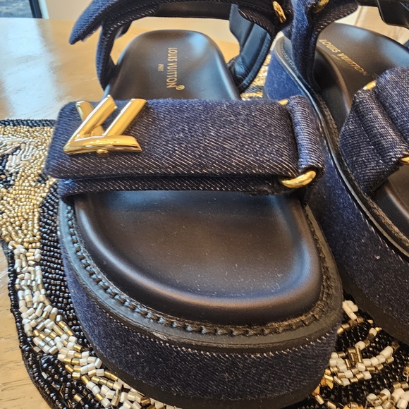 Louis Vuitton Navy Denim Logo Slide Sandals with Gold Hardware - Picture 2 of 10